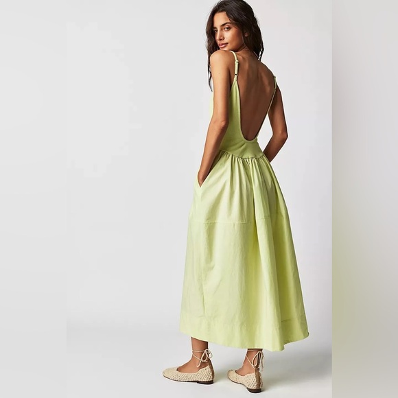 NWOT Free People Dylan Midi Dress "Lightning Bolt" Green - Picture 2 of 5